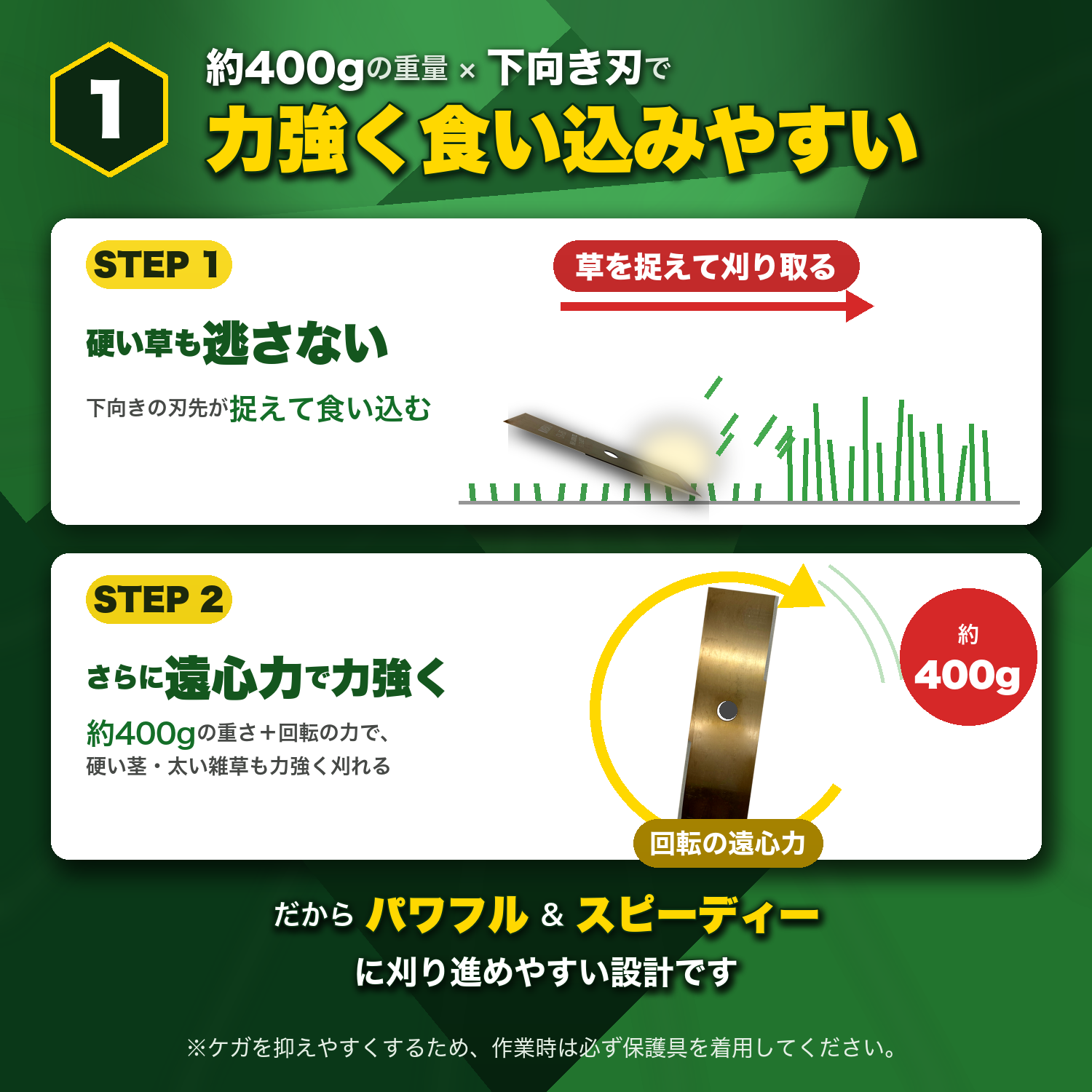 約400gの重量×下向き刃で力強く食い込みやすい