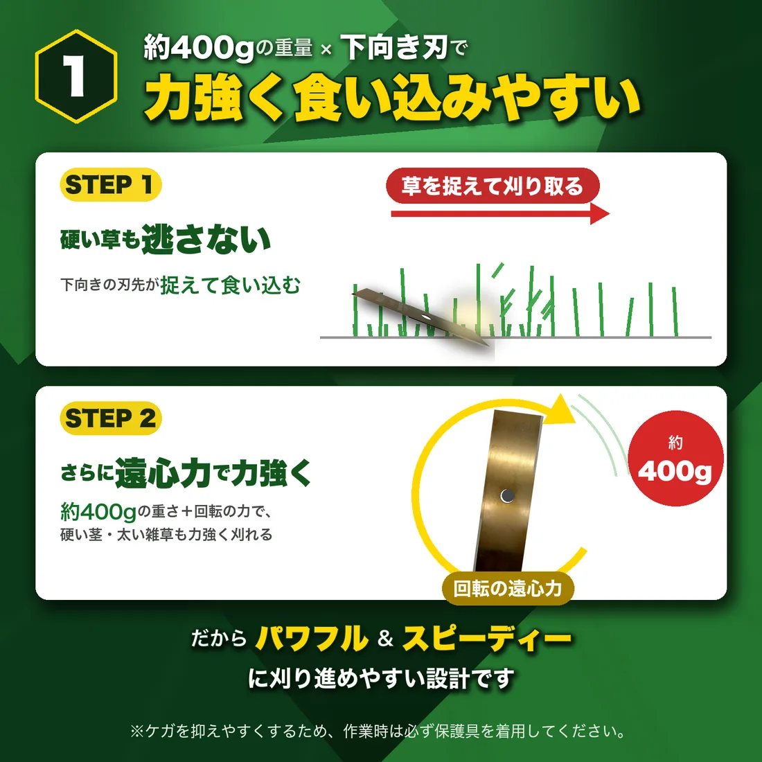 約400gの重量×下向き刃で力強く食い込みやすい