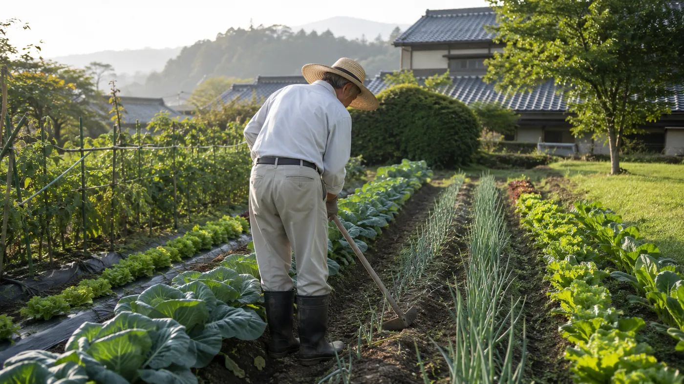 家庭菜園の手入れをする男性